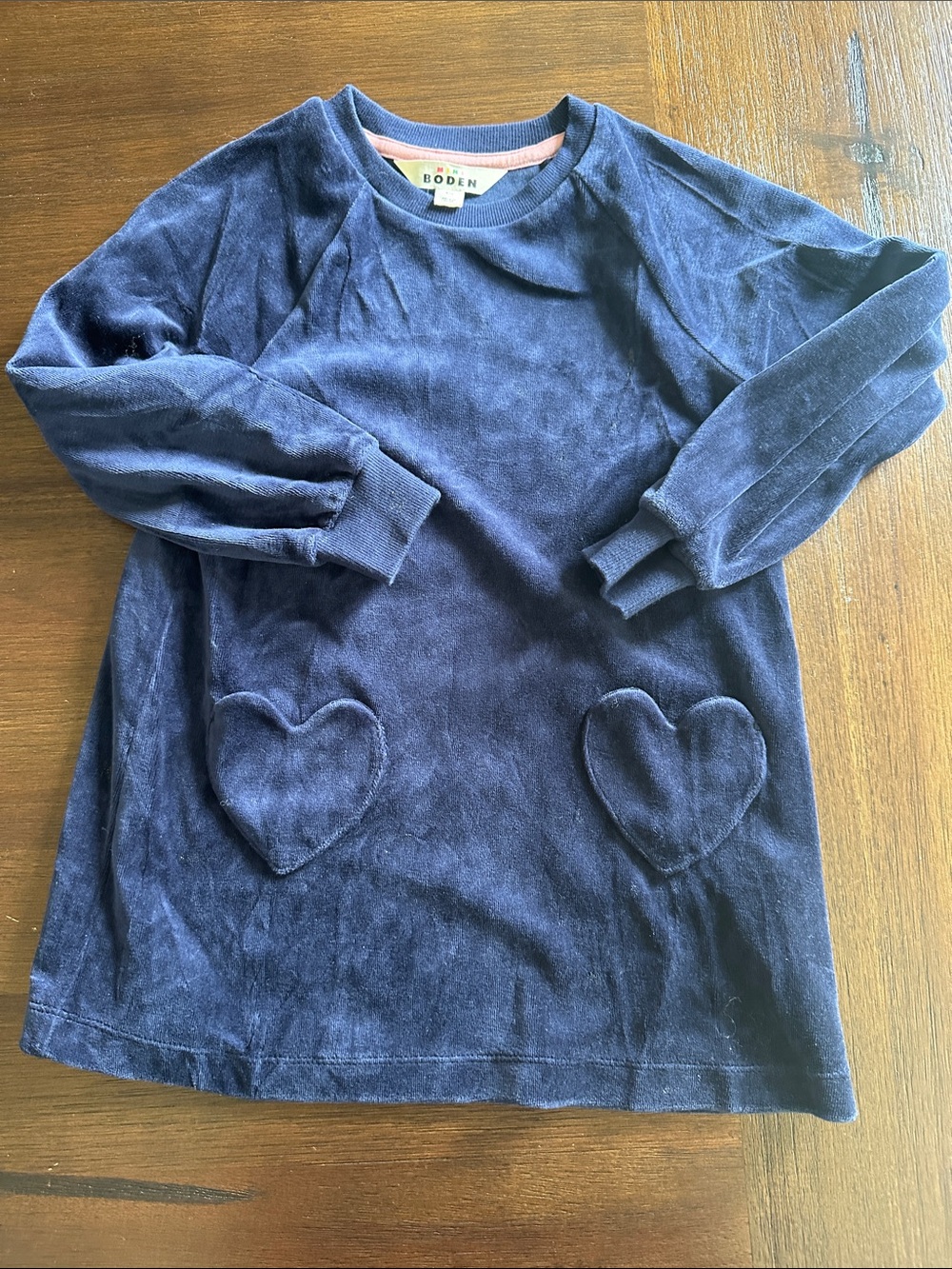 Boden Navy Velour Long-Sleeve Dress with Heart Pockets